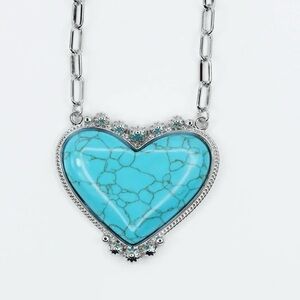 Turquoise Heart Pendant Necklace - Silver Tone